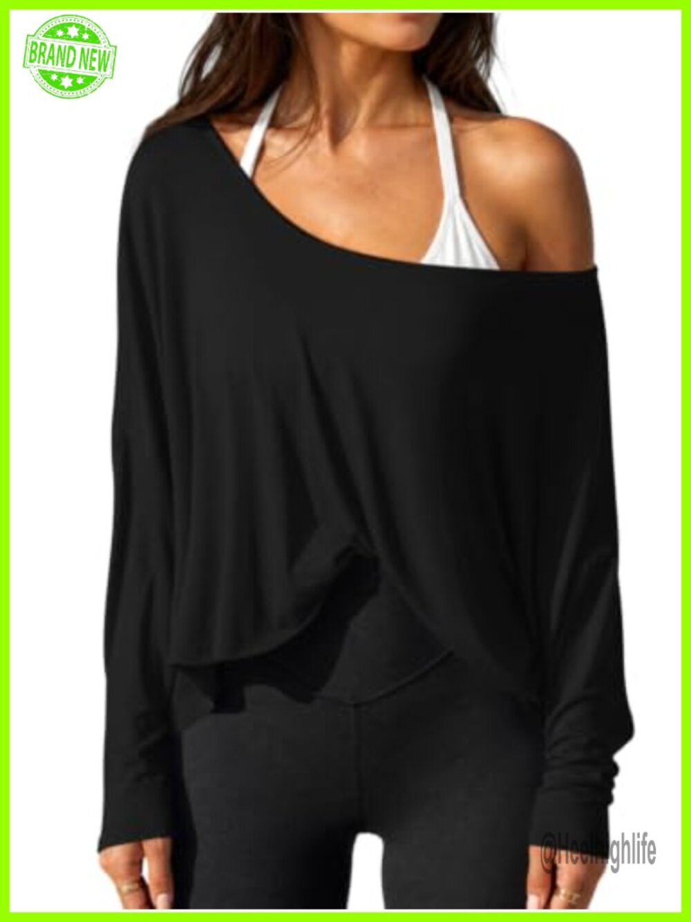 Womens Off Shoulder Oversized Batwing Long Sleeve Workout Crop Top